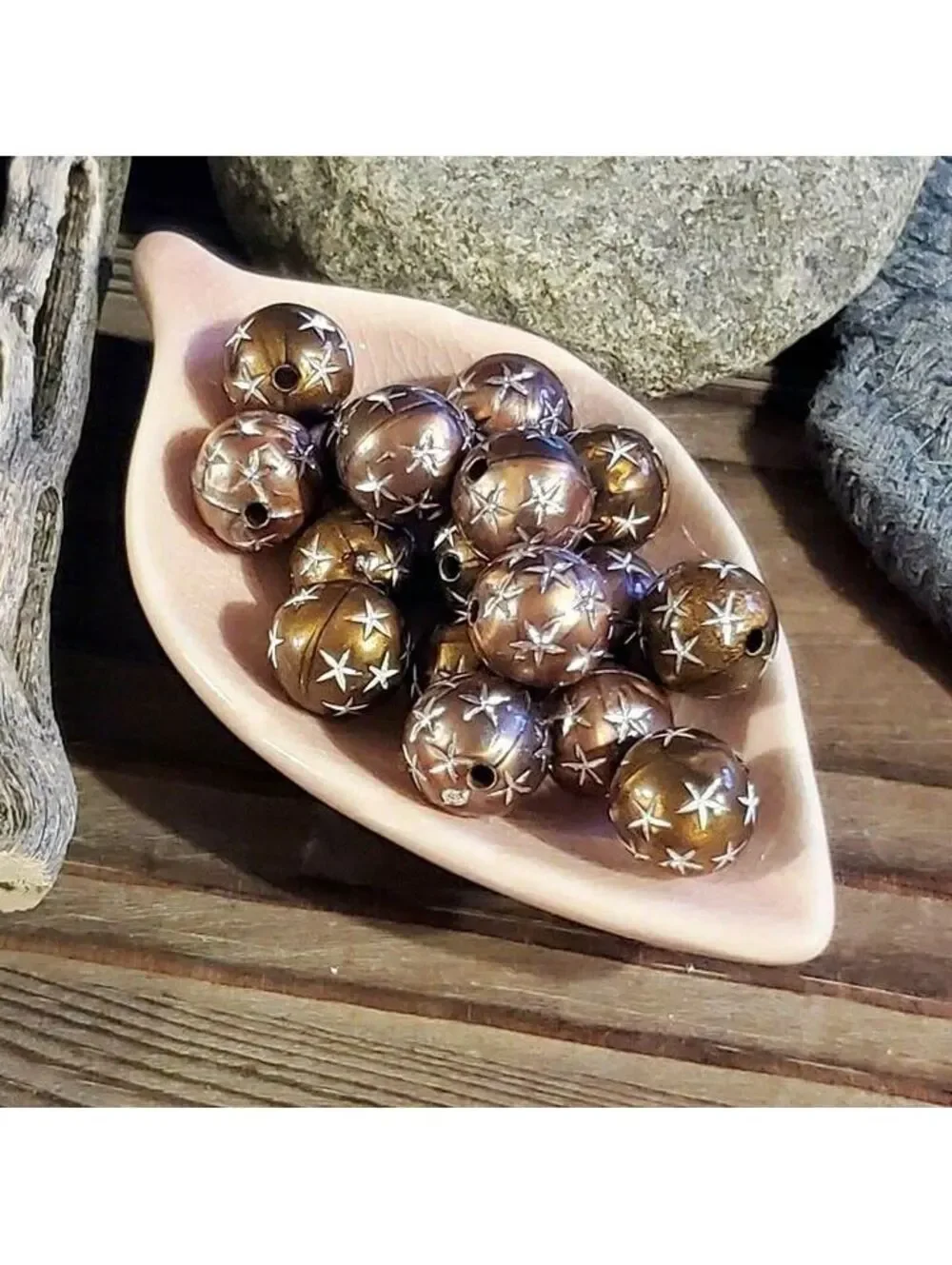 10 Vintage Retro Brown Silver Stars 12mm Round Acrylic Shabby Chic Beads